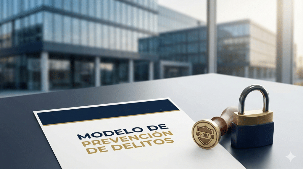 Documento de modelo de prevención de delitos junto a un candado y un sello de aprobado